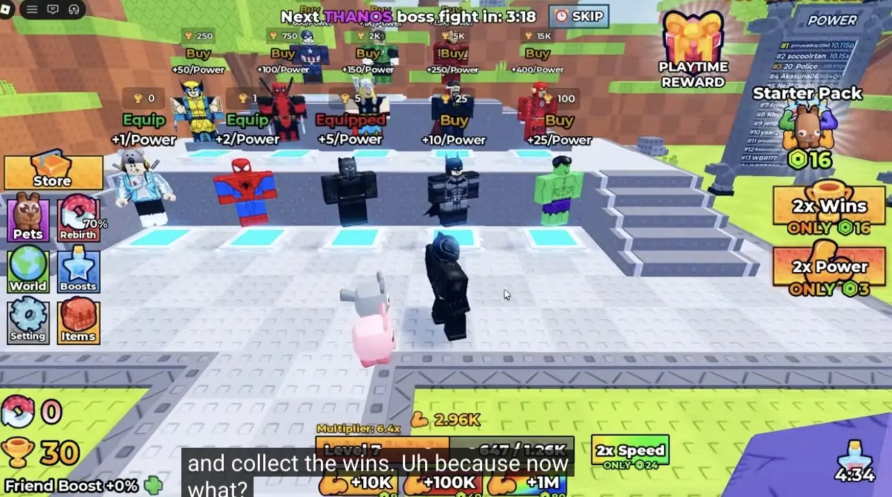 Superhero Evolution hero shop with heroes lined up by rarity and the Thanos boss countdown