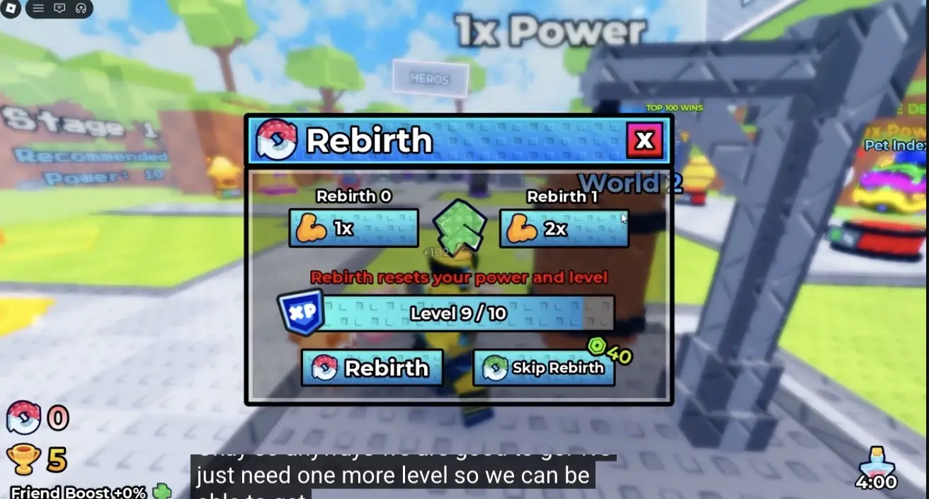 Superhero Evolution Rebirth interface showing Rebirth 0 to 1 at Level 9 of 10